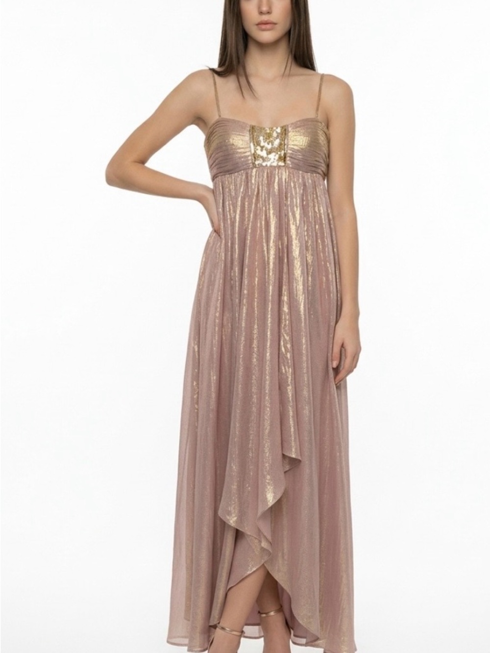 Oleg Cassini Rose Gold Metallic High-Low Evening Gown